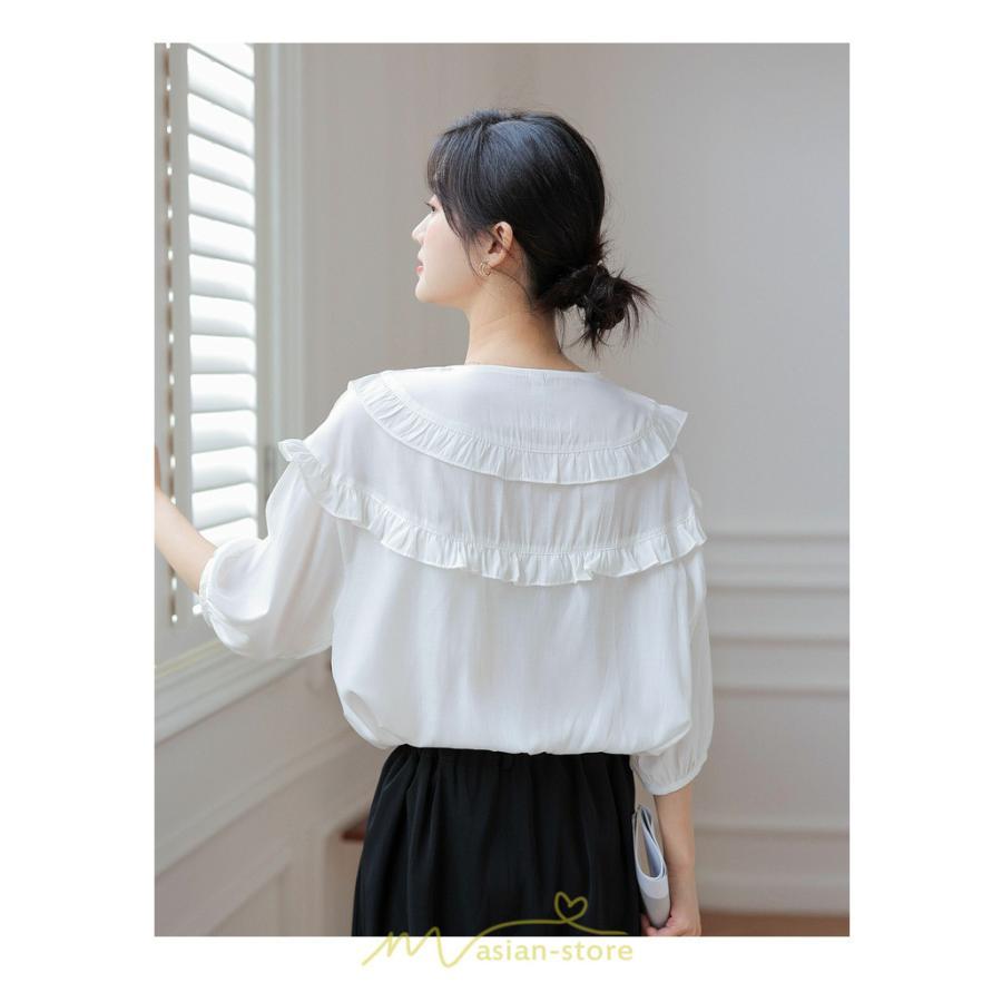 シャツ・ブラウス | トップス ブラウス 七分袖 シャツ きれいめ レディース 夏 白 赤 クルーネック フリル 春夏コーデ オフィス お仕事 通勤 就活 お出かけ ビジネス カジュアル