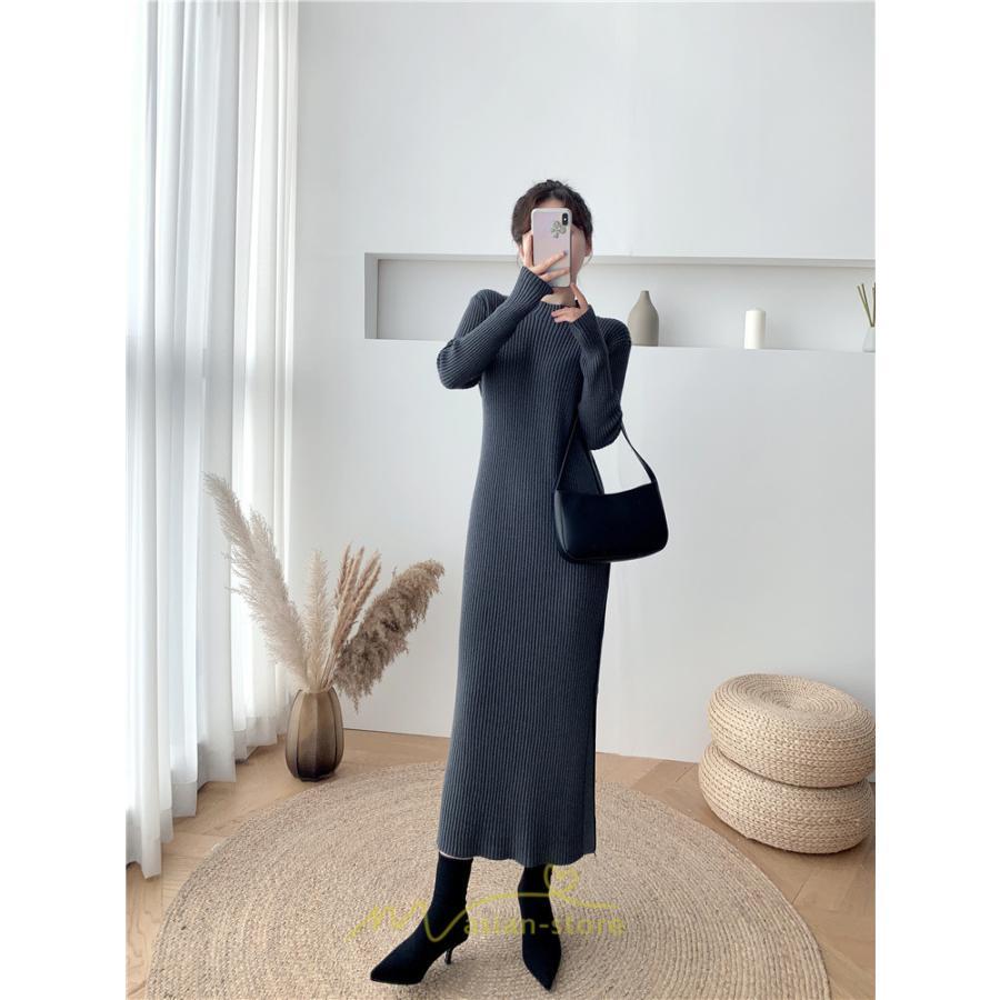 ニットワンピース | レディース 冬 きれいめ ロング おしゃれ 秋冬 長袖 ハイネック サイドスリット セクシー 同窓会 デート 大人フェミニン 女子会 韓国風