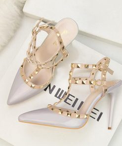 サンダル | ハイヒール キャバパンプス レディース パーティー アンクルストラップ結婚式靴 スタッズpumpsポインテッドトゥ サンダルパンプス