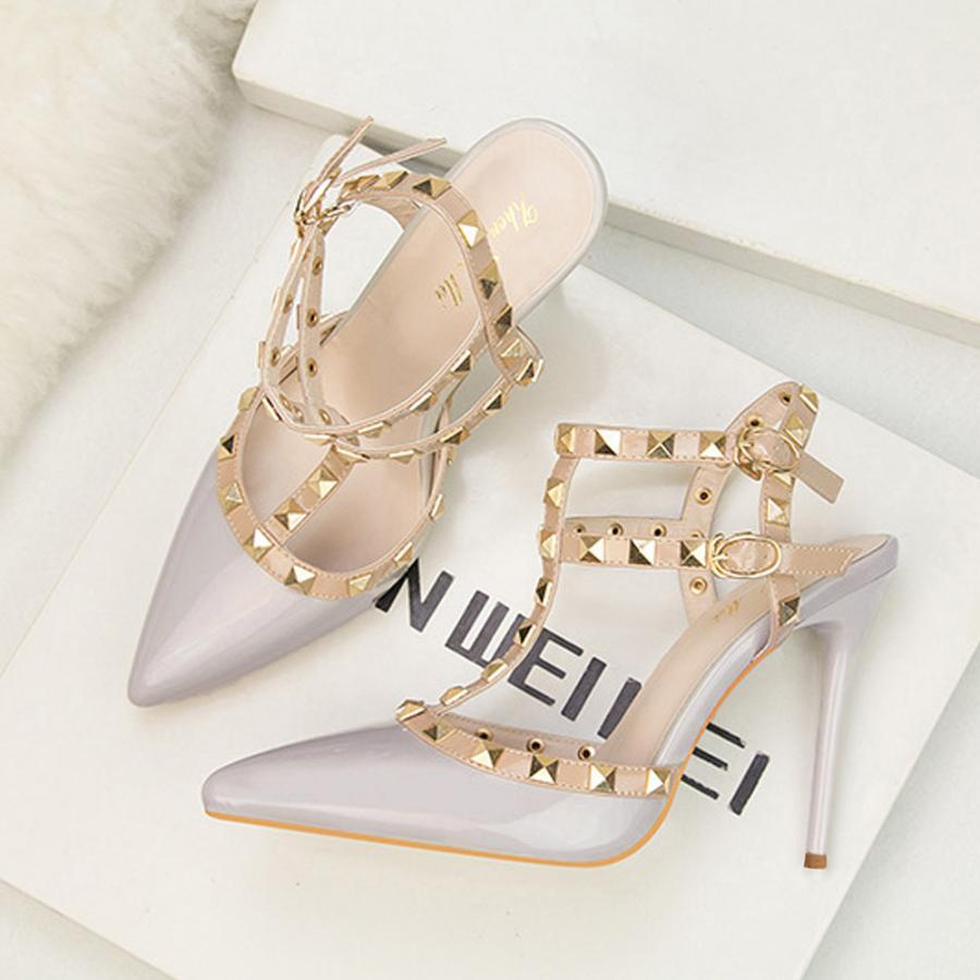 サンダル | ハイヒール キャバパンプス レディース パーティー アンクルストラップ結婚式靴 スタッズpumpsポインテッドトゥ サンダルパンプス