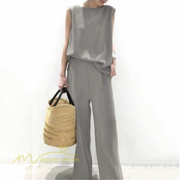 セットアップ | ワイドパンツ タンクトップ レディース 落ち感 大人 ルームウェア 30代40代 お出かけ 2点セット 夏物 可愛い 上下セット カジュアル 秋服