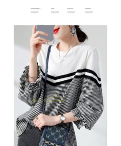 シャツ・ブラウス | ドッキングブラウス レディース シャツ 長袖 秋物 トップス 切り替え ブラウスシャツ 異素材 秋コーデ ロングスリーブ スリム 長袖Tシャツ チェック柄 無地