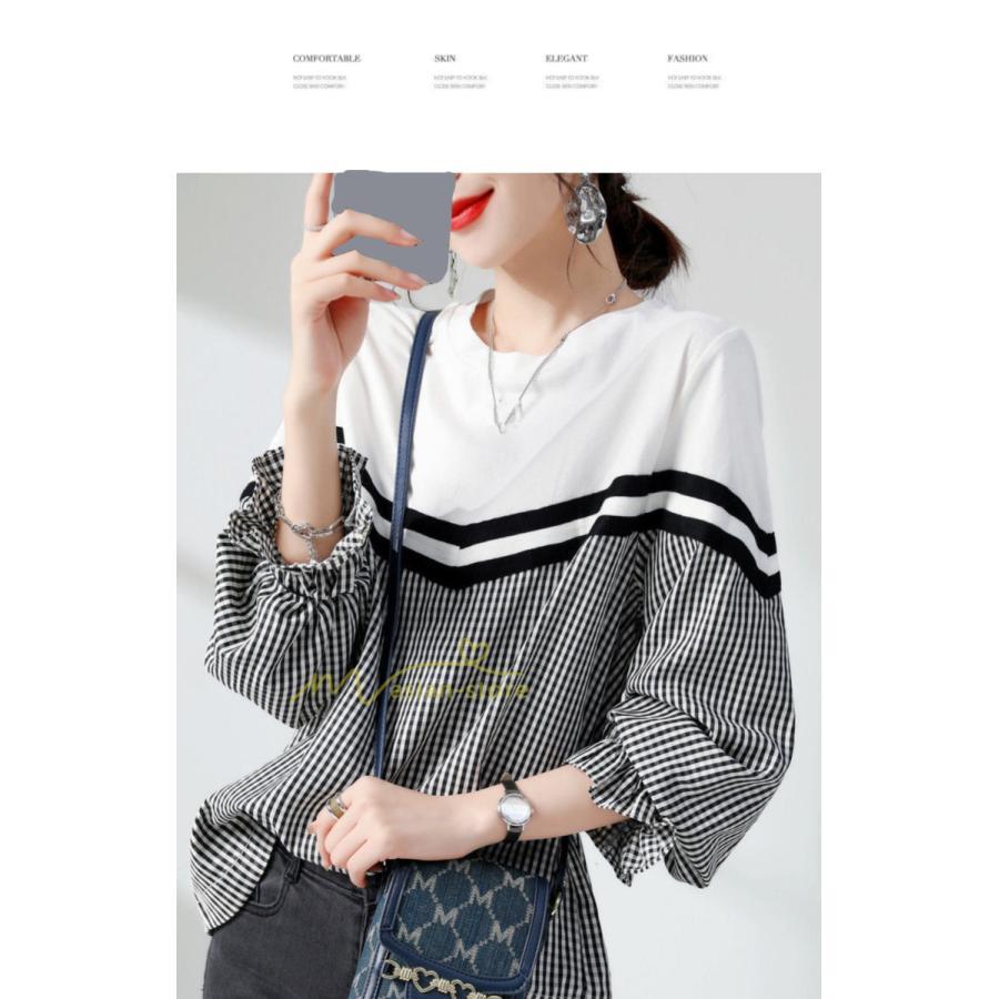 シャツ・ブラウス | ドッキングブラウス レディース シャツ 長袖 秋物 トップス 切り替え ブラウスシャツ 異素材 秋コーデ ロングスリーブ スリム 長袖Tシャツ チェック柄 無地