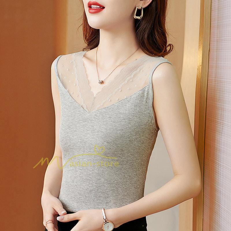 キャミソール タンクトップ | タンクトップ レディース 春夏 インナー トップス ノースリーブ Vネック Vネックタンク レース付き カシュクール 上品 お出かけ 20代30代40代50代 快適 ママ