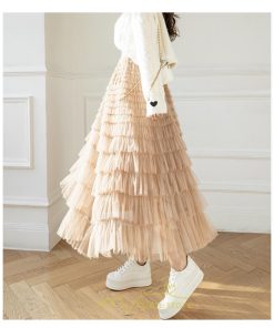 スカート | ロングレディース ティアードチュールプリーツおしゃれ 無地 可愛い カジュアル 韓国風 20代 40代 50代 30代