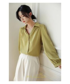 シャツ・ブラウス | ブラウス レディース シャツ トップス Vネック 長袖シャツ 無地 オフィス カジュアル おしゃれ 秋 冬 コーデ 高級感 シフォン エレガント 緑 白 通勤