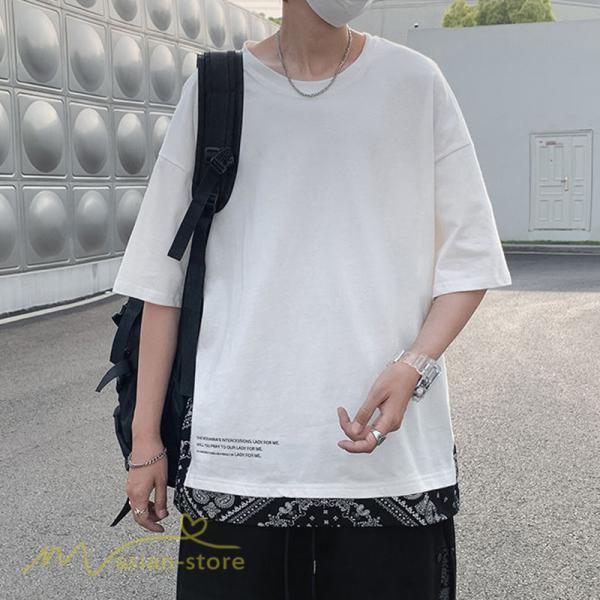 Tシャツ | Tシャツ メンズ 半袖 重ね着風 カジュアル半袖tシャツ 夏新作 メンズスタイル カットソー 上品 切り替え 2XL 大きいサイズ クルーネック 黒 白