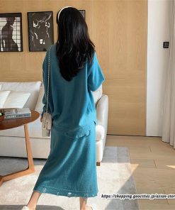 セットアップ | ニットレディース ニットカーディガン ニットスカート ウエストゴム 羽織りニット ダメージ加工 秋冬 長袖 ミモレ丈 無地