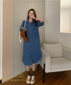 ミディアム | ワンピース デニムワンピース 半袖 ひざ丈 シャツワンピース 夏新作 体型カバー デニム フリーサイズ レトロ風 カジュアル 膝丈 かわいい 無地 ワンピ きれいめ