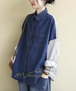 シャツ・ブラウス | デニム風シャツ レディース 異素材切替 シャツブラウス カジュアル 長袖シャツ 春服 胸ポケット トップス ゆったり 20代30代40代50代 おしゃれ 羽織り 通勤通学