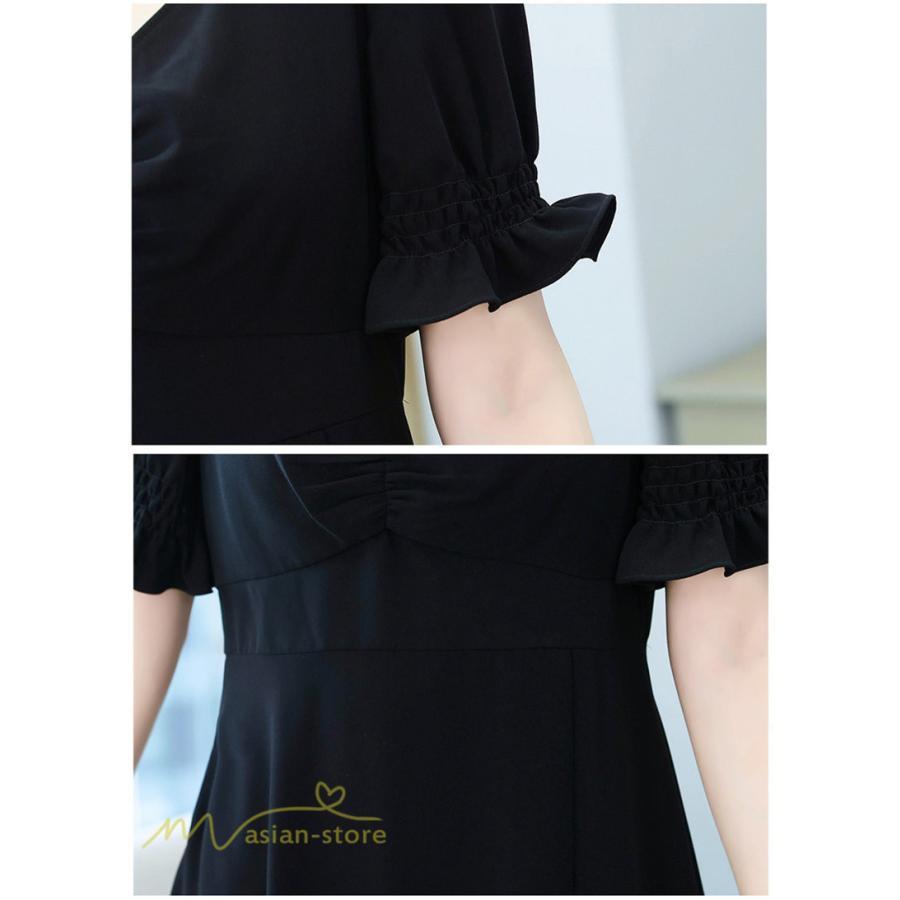 ミディアム | ワンピース レディース 着痩せ 半袖 Vネック カジュアル Aライン おしゃれ ミディアムワンピース エレガント 大きいサイズ 黒 夏 サマーワンピース 夏服 新作