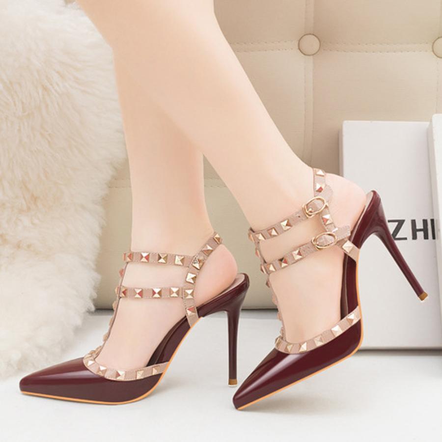サンダル | ハイヒール キャバパンプス レディース パーティー アンクルストラップ結婚式靴 スタッズpumpsポインテッドトゥ サンダルパンプス