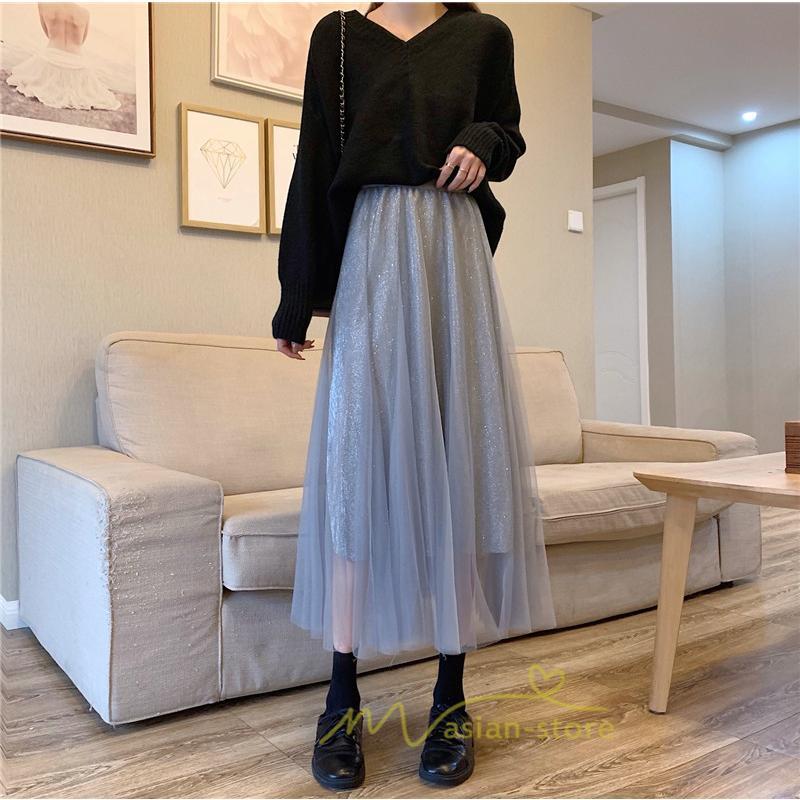 スカート | チュール秋冬 チュールフレアロングキラキラ ふんわり ウエストゴム レディース Aラインミモレ丈可愛 キレイめ ボトムス