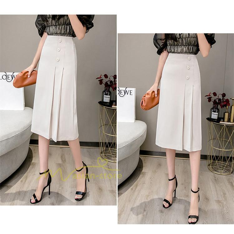 スカート | タイトボタン 膝下 ミディアム丈 ミモレ丈 キレイめ プリーツ通勤通学 ビジネス OL オフィス 春夏秋 2022新作 20代30代40代 着回し 無地人気