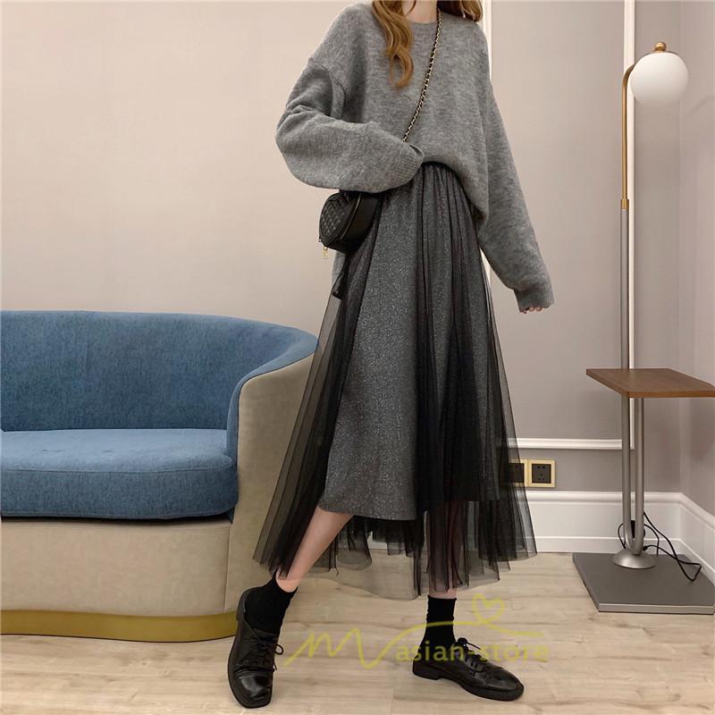 スカート | チュール秋冬 チュールフレアロングキラキラ ふんわり ウエストゴム レディース Aラインミモレ丈可愛 キレイめ ボトムス