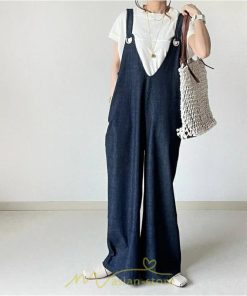 オーバーオール サロペット | サロペット レディース デニムサロペット デニムパンツ 大人 無地 ひも調整可 ワイドパンツ ストレート Denim デニム Vネック カワイイ ノースリーブ 通学通勤