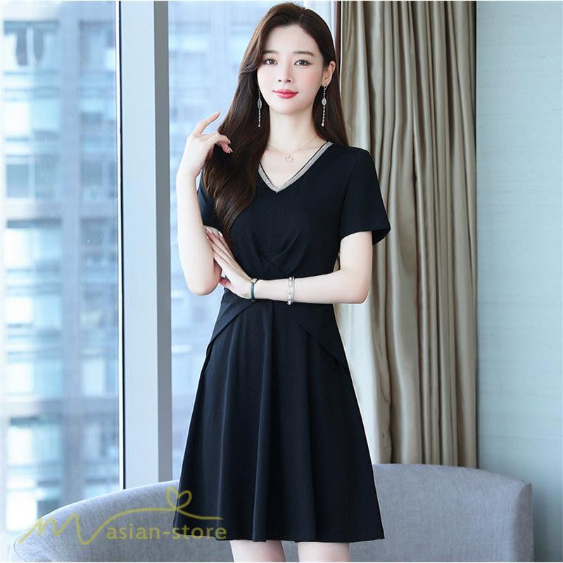 ミディアム | ワンピース Aライン レディース 着痩せ Vネック ひざ上丈 カジュアル 大きいサイズ 無地 きれいめ おしゃれ 春 夏 30代 新作 上品 サマーワンピース 40代 20代