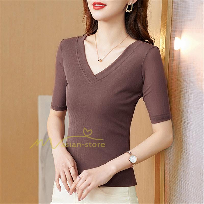 tシャツ・カットソー | Tシャツ レディース カジュアル Vネック おしゃれ 女性用 シンプル 無地 20代30代40代50代 カシュクール インナー フェミニン 上品 お出かけ 着痩せ カジュアル