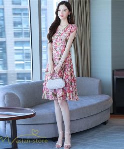 ミディアム | ワンピース レディース Vネック 半袖 花柄 おしゃれ Aライン ミディアムワンピース 着やせ エレガント 大きいサイズ 上品 膝丈 20代 30代 大人 40代