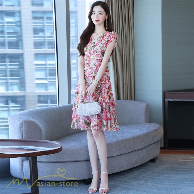 ミディアム | ワンピース レディース Vネック 半袖 花柄 おしゃれ Aライン ミディアムワンピース 着やせ エレガント 大きいサイズ 上品 膝丈 20代 30代 大人 40代