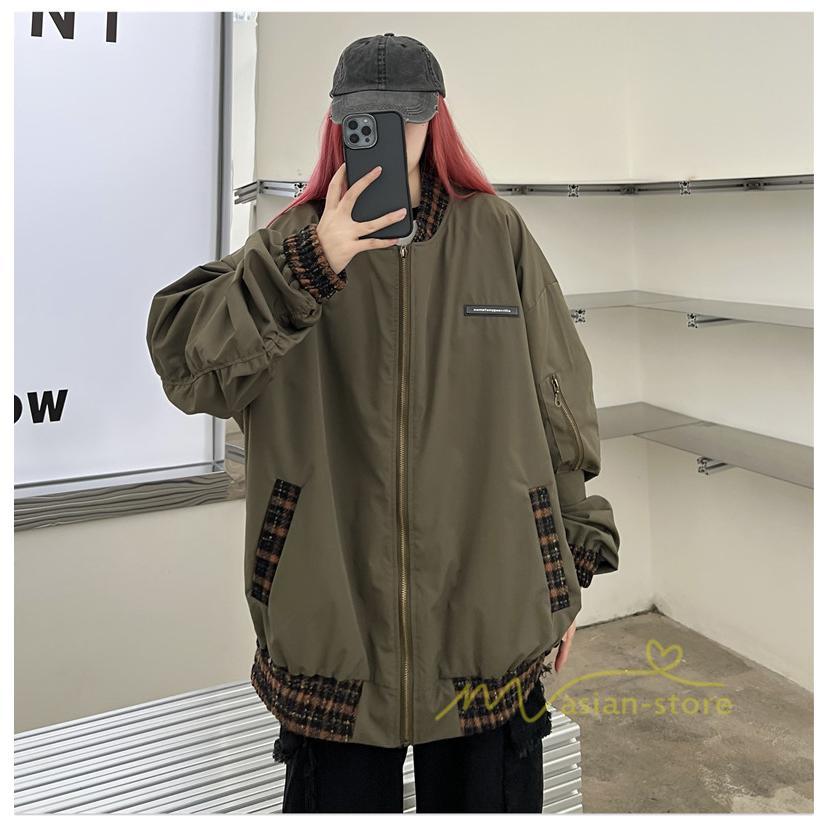 コート・ジャケット | ブルゾン レディース 秋 アウター ジャケット ジャンパー 上着 羽織り Oversize スタジャン メンズ 男女兼用 大きいサイズ 切り替え スタンドカラー