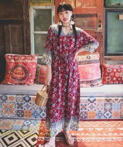 マキシ | ワンピース レディース 総柄 きれいめ ロングワンピース 可愛い カジュアル 春 夏 秋 40代 7分袖 上品 きれいめ 民族風 旅行着 おしゃれ プルオーバー