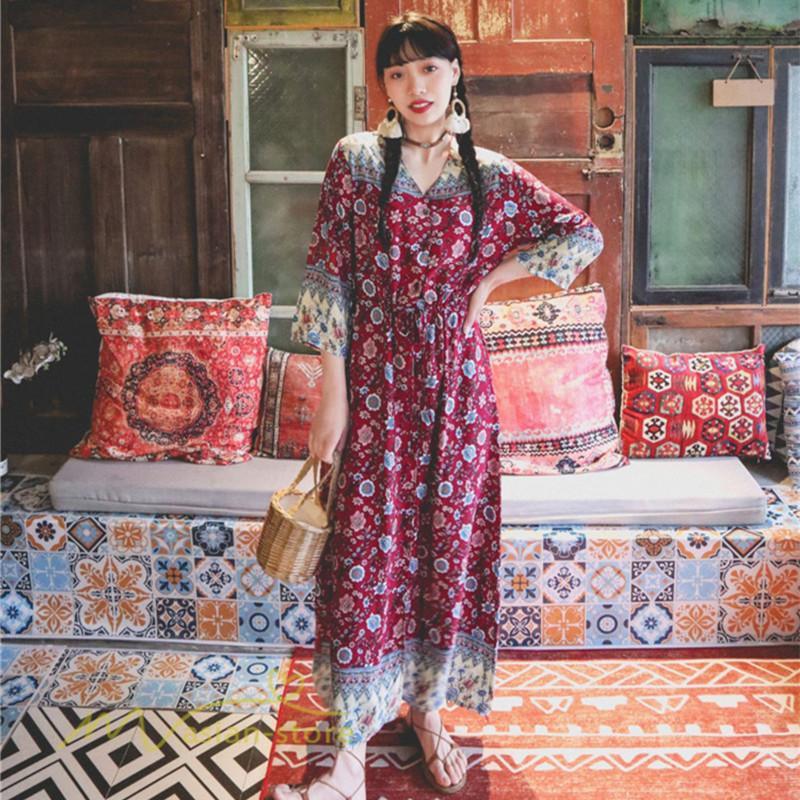マキシ | ワンピース レディース 総柄 きれいめ ロングワンピース 可愛い カジュアル 春 夏 秋 40代 7分袖 上品 きれいめ 民族風 旅行着 おしゃれ プルオーバー