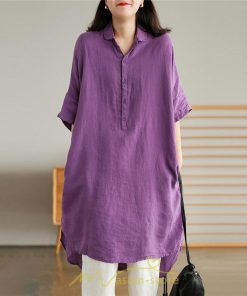 送料無料SALE | ワンピース 夏シャツ レディース 五分袖 シャツワンピース 綿麻 無地 プルオーバー 体型カバー ゆったり 大きめ 夏服 ポケット 30代40代 膝丈 おしゃれ 前後差