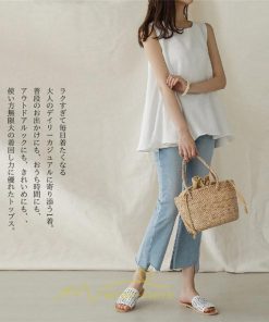 シャツ・ブラウス | ブラウス トップス ノースリーブ レディース tシャツ タンクトップ ベルト付き 広い裾 フレア裾 涼しい 涼感 体型カバー ゆったり 綿麻 夏 おしゃれ 大人 無地