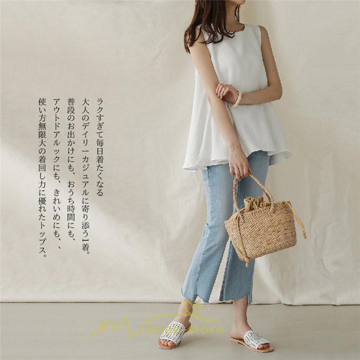 シャツ・ブラウス | ブラウス トップス ノースリーブ レディース tシャツ タンクトップ ベルト付き 広い裾 フレア裾 涼しい 涼感 体型カバー ゆったり 綿麻 夏 おしゃれ 大人 無地