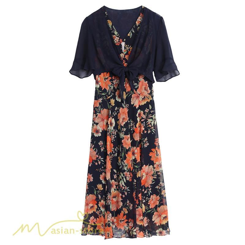 ミディアム | ワンピース レディース 花柄 着痩せ きれいめ おしゃれ 夏 サマーワンピース 膝丈 大きいサイズ 通勤 肩マント ミディアムワンピース お出かけ 気質 二点セット