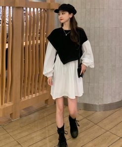 シャツワンピース | 長袖ワンピース おしゃれ チュニックワンピ 白 ベストレイヤード風 レディース アシンメトリー きれいめ