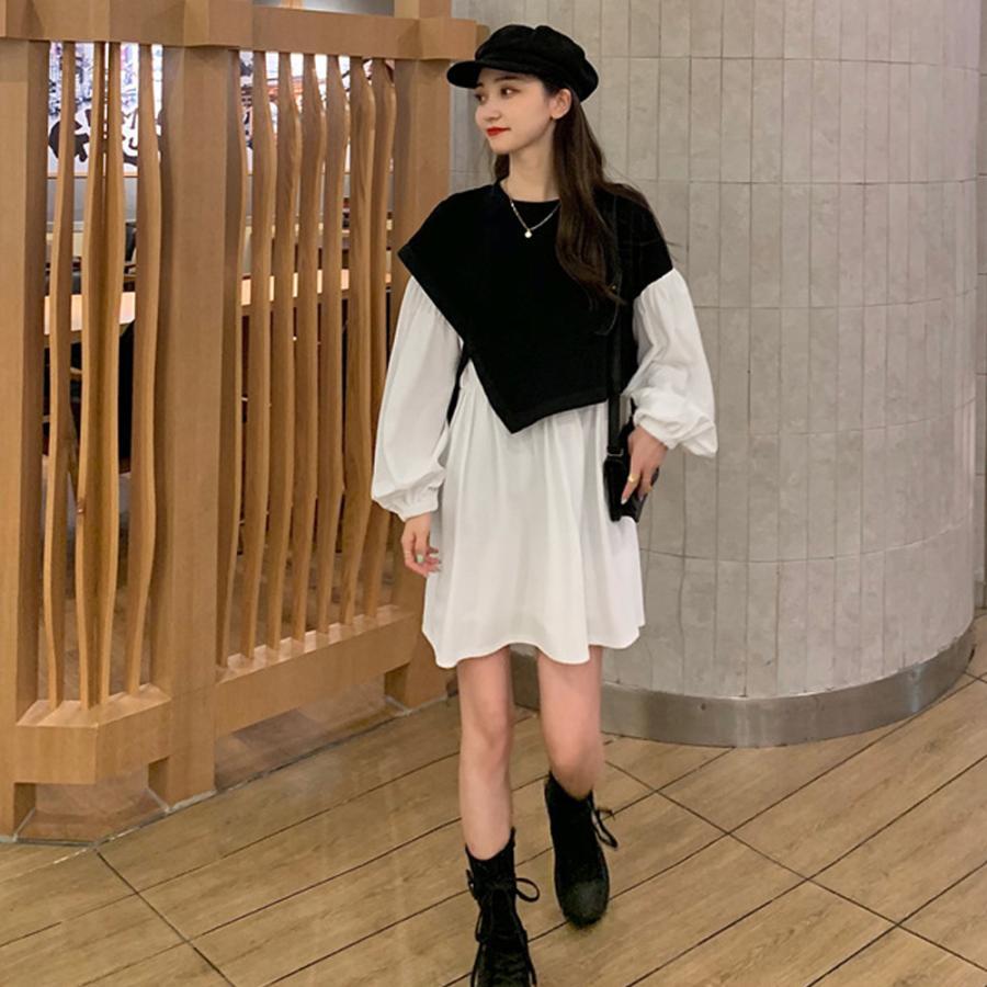 シャツワンピース | 長袖ワンピース おしゃれ チュニックワンピ 白 ベストレイヤード風 レディース アシンメトリー きれいめ