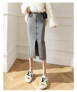 スカート | レディース ロング丈 ミモレ丈 ニット 秋冬 韓国風 スリット ハイウエスト Aライン 着痩せ 小柄 大人可愛い 20代30代40代50代 フェミニン 脚長効果