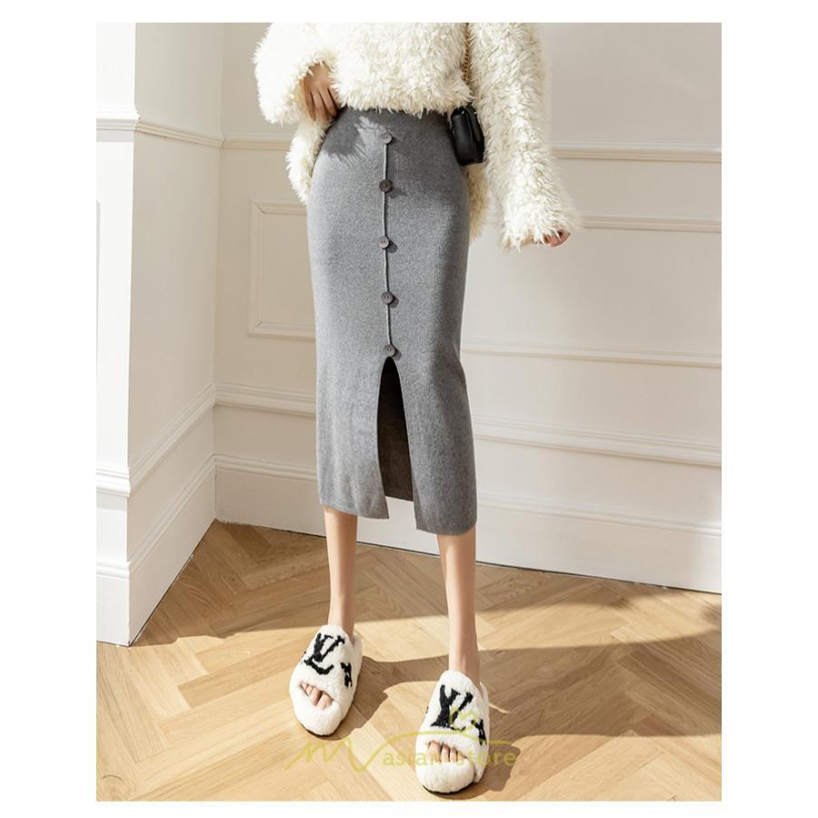 スカート | レディース ロング丈 ミモレ丈 ニット 秋冬 韓国風 スリット ハイウエスト Aライン 着痩せ 小柄 大人可愛い 20代30代40代50代 フェミニン 脚長効果