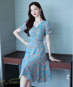 ミディアム | ワンピース レディース 着痩せ 半袖 花柄 きれいめ ミディアムワンピース カジュアル 膝丈 タック カジュアルワンピース おしゃれ サマーワンピース Vネック