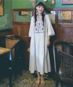 マキシ | 七分袖 ワンピース 綿麻ワンピース ロングワンピース レディース 夏秋 Aライン ゆったり 体型カバー おしゃれ きれいめ 休み 旅行 お出かけ 上品 刺繍 リゾート