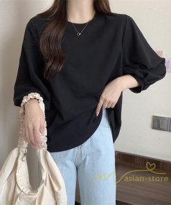tシャツ・カットソー | 7分袖Tシャツ レディース Tシャツ 夏服 秋物 夏秋物 トップス 夏秋服 パフスリーブ ゆったり 無地 丸首 秋コーデ 春夏秋 可愛い 20代30代 40代50代 夏コーデ
