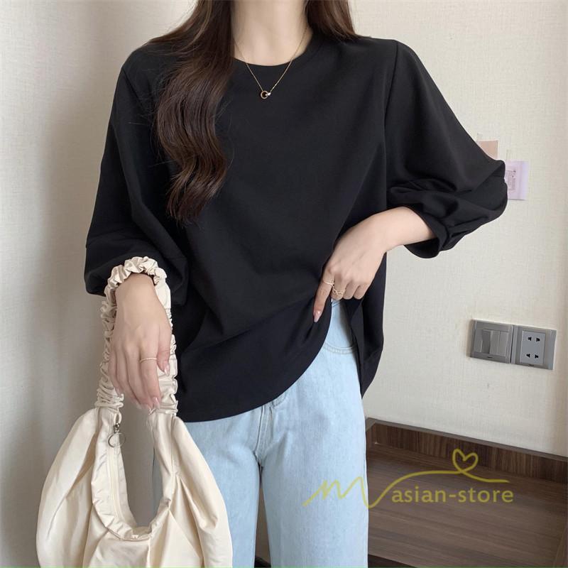 tシャツ・カットソー | 7分袖Tシャツ レディース Tシャツ 夏服 秋物 夏秋物 トップス 夏秋服 パフスリーブ ゆったり 無地 丸首 秋コーデ 春夏秋 可愛い 20代30代 40代50代 夏コーデ