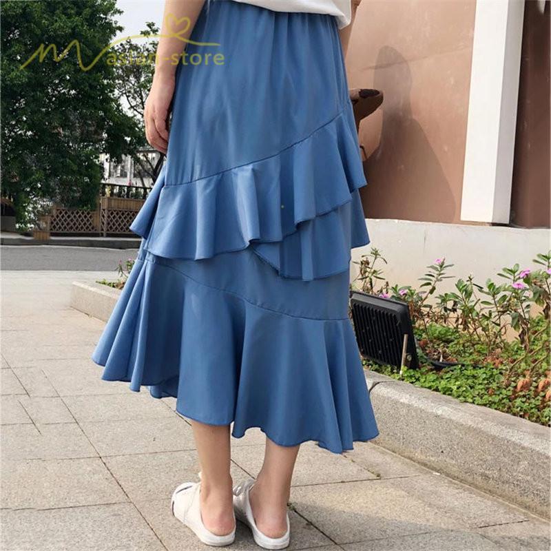 スカート | Aライン フレア裾 不規則アシンメトリー シフォン 韓国風 ティアード フリーサイズ 2020夏コーデ プリーツフレア ウエストゴム ハイウエスト