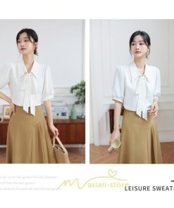 シャツ・ブラウス | シフォンブラウス 半袖 レディース シフォン ブラウス 白 青 フォーマル 開襟 服 バブルスリーブ 蝶結び 着痩せ 春 韓国風 通勤 おしゃれ 女性 上品 夏