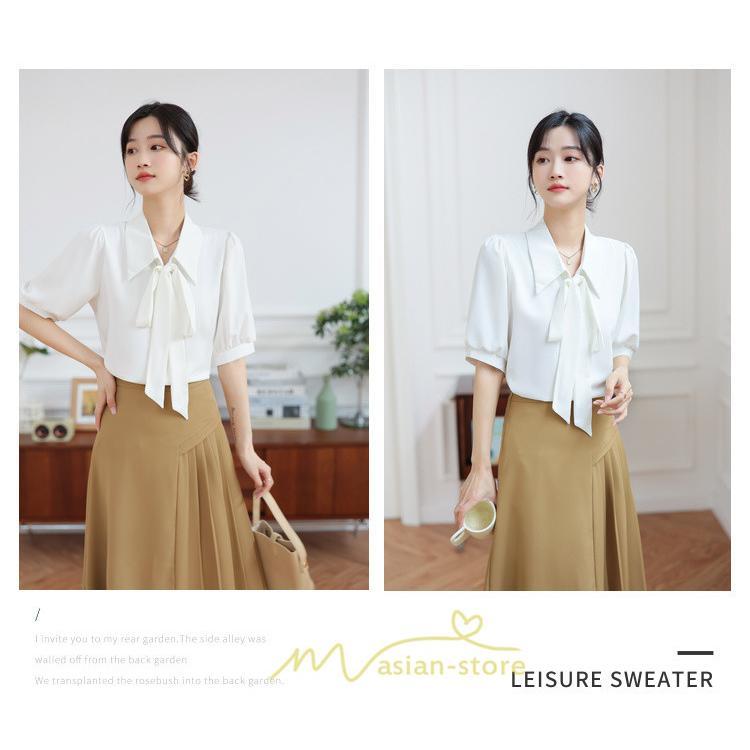 シャツ・ブラウス | シフォンブラウス 半袖 レディース シフォン ブラウス 白 青 フォーマル 開襟 服 バブルスリーブ 蝶結び 着痩せ 春 韓国風 通勤 おしゃれ 女性 上品 夏