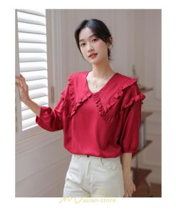 シャツ・ブラウス | トップス ブラウス 七分袖 シャツ きれいめ レディース 夏 白 赤 クルーネック フリル 春夏コーデ オフィス お仕事 通勤 就活 お出かけ ビジネス カジュアル