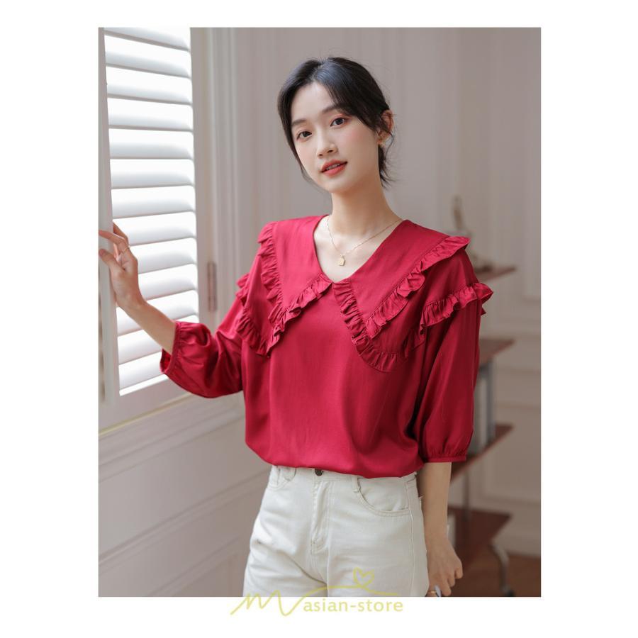 シャツ・ブラウス | トップス ブラウス 七分袖 シャツ きれいめ レディース 夏 白 赤 クルーネック フリル 春夏コーデ オフィス お仕事 通勤 就活 お出かけ ビジネス カジュアル