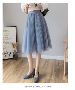 スカート | チュールプリーツウエストゴム 膝丈可愛い ハイウエスト 白 黒 10色 レディース OL 通学通勤 無地 春夏秋 裏地付き