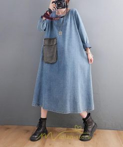 デニムワンピース | ワンピース デニム レディース 40代 ロング チュニック 長袖 ゆったり 大きいサイズ 体型カバー マタニティ お出かけ ポケット 秋 春