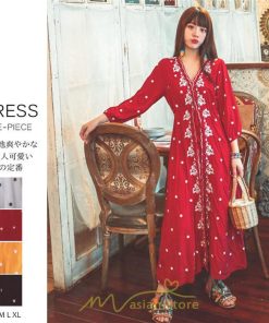 マキシ | ワンピース 七分袖 春夏秋 ロング丈 コットン 大人可愛い  ゆったり 柔らかい シンプル カジュアル ナチュラル 旅行 Aライン エスニック 着痩せ 刺繍 リゾート