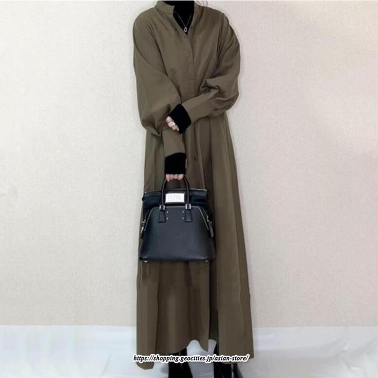 シャツワンピース | ロングパフスリーブ 長袖 フレア Aラインワンピース レディース 秋物 ワンピース 無地 羽織り ロングシャツ 無地 ゆったり