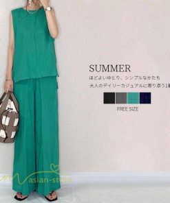 セットアップ | レディース 夏新作 無地 薄手 ワイドパンツ キャミソール ノースリーブ 薄手 上下セット ロングパンツ ガウチョパンツ ルームウェア 可愛い