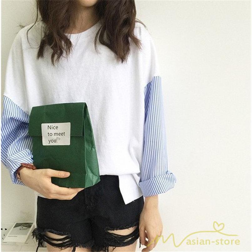 tシャツ・カットソー | Tシャツ レディース カットソー 長袖 シャツ 切り替え 可愛い スリット 体型カバー 夏服 春物 秋物 20代30代40代 トップス 黒 白 シンプル 学生 大人 女の子